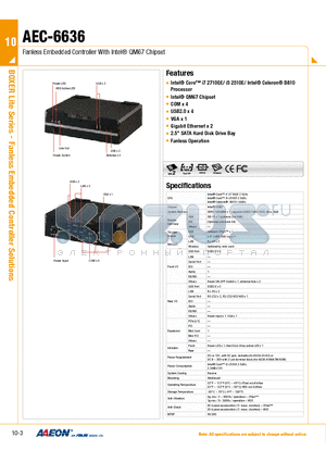 AEC-6636 datasheet - Fanless Embedded Controller With Intel QM67 Chipset