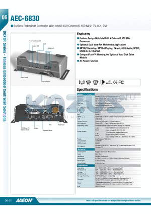 AEC-6830 datasheet - Fanless Design With Intel^ ULV Celeron^ 650 MHz Processor