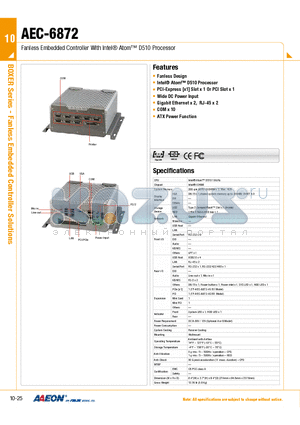 AEC-6872 datasheet - Fanless Embedded Controller With Intel Atom D510 Processor