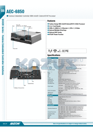 AEC-6850 datasheet - Fanless Design With Intel^ Celeron^ M 1.0 GHz Processor