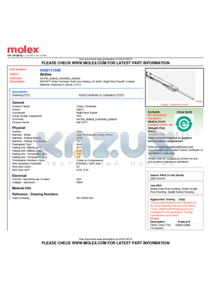 999999999 datasheet - MX150 Male Terminal, Gold (Au) Plating, 22 AWG, Right Reel Payoff, ContactMaterial Thickness 0.30mm (.012