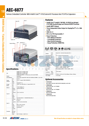 AEC-6877-A2M-1010 datasheet - Fanless Embedded Controller With Intel Core i7/i5/Celeron Processor And PCI/PCIe Expansion