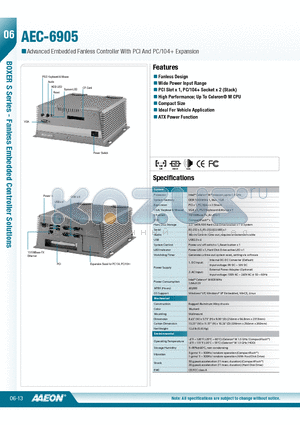 AEC-6905 datasheet - Fanless Design, Wide Power Input Range, PCI Slot x 1, PC/104 Socket x 2 (Stack)