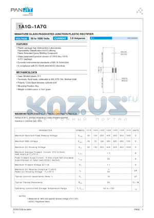 1A3G datasheet - MINIATURE GLASS PASSIVATED JUNCTION PLASTIC RECTIFIER