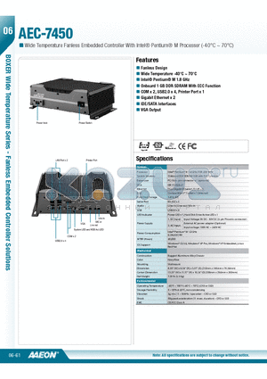 AEC-7450-A1-0010 datasheet - Fanless Design, Wide Temperature -40`C ~ 70`C