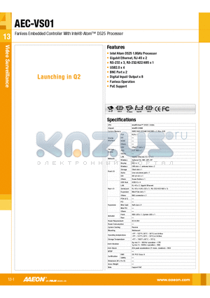 AEC-VS01 datasheet - ntel Atom D525 1.8GHz Processor, Gigabit Ethernet, RJ-45 x 2