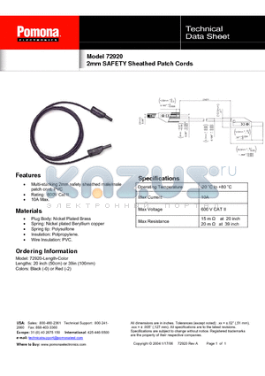 72920 datasheet - 2mm SAFETY Sheathed Patch Cords