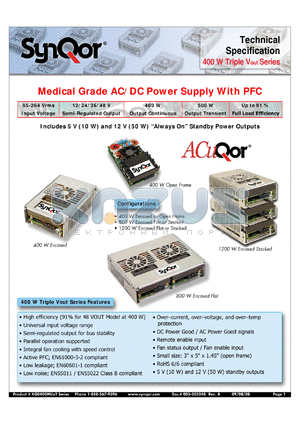 AQ0400MU1TEABF datasheet - Medical Grade AC/DC Power Supply With PFC