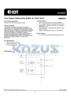 9DB233AFLFT datasheet - Two Output Differential Buffer for PCIe Gen3