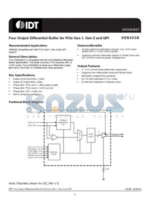 9DB423B datasheet - Four Output Differential Buffer for PCIe Gen 1, Gen 2 and QPI