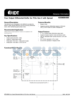 9DS400AFLF datasheet - Four Output Differential Buffer for PCIe Gen 2 with Spread