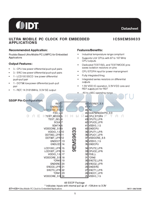 9EMS9633BFILFT datasheet - ULTRA MOBILE PC CLOCK FOR EMBEDDED APPLICATIONS
