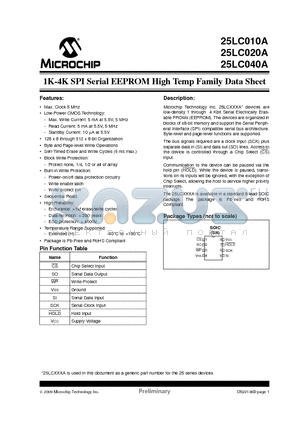 25LC010A datasheet - 1K-4K SPI Serial EEPROM High Temp Family Data Sheet