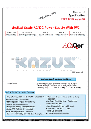 AQ0500MU12ECCF datasheet - Medical Grade AC/DC Power Supply With PFC