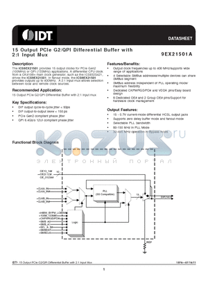 9EX21501A datasheet - 15 Output PCIe G2/QPI Differential Buffer with 2:1 Input Mux