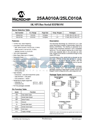 25LC010A-E/OT datasheet - 1K SPI Bus Serial EEPROM