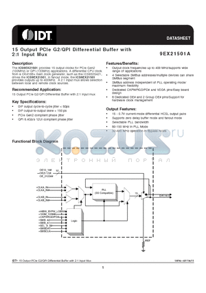 9EX21501AKLF datasheet - 15 Output PCIe G2/QPI Differential Buffer with 2:1 Input Mux