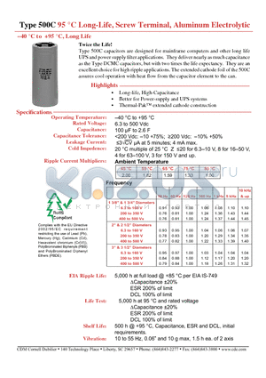 500C104U010BA2B datasheet - Long-Life, Screw Terminal, Aluminum Electrolytic