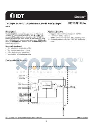 9EX21801AKLF datasheet - 18 Output PCIe G2/QPI Differential Buffer with 2:1 input mux