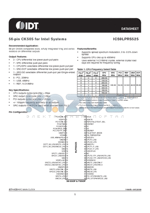 9LPRS525AFLFT datasheet - 56-pin CK505 for Intel Systems