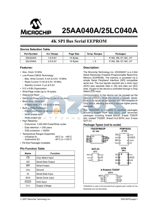 25LC040AT-I/SN datasheet - 4K SPI Bus Serial EEPROM