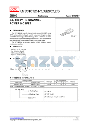 9N100G-T47-T datasheet - 9A, 1000V N-CHANNEL POWER MOSFET