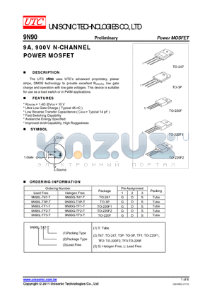 9N90L-T3P-T datasheet - 9A, 900V N-CHANNEL POWER MOSFET
