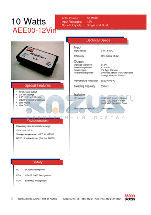 AEE00C12-49 datasheet - Total Power: 10 Watts Input, Voltages: 12V, No. of Outputs: Single and Dual