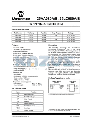 25LC080A-I/SN datasheet - 8K SPI Bus Serial EEPROM