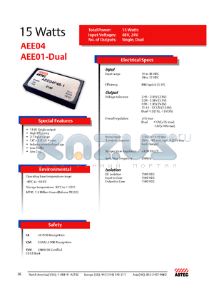 AEE01B48-7 datasheet - Total Power: 15 Watts, Input Voltages: 48V, 24V, No. of Outputs: Single, Dual
