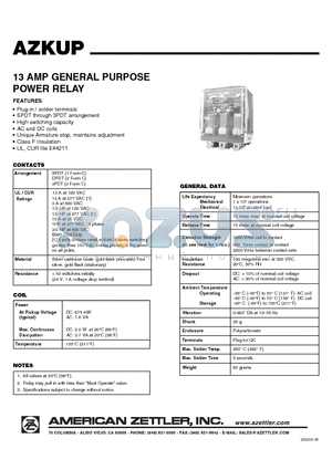 AZKUP-1C-120AK datasheet - 13 AMP GENERAL PURPOSE POWER RELAY