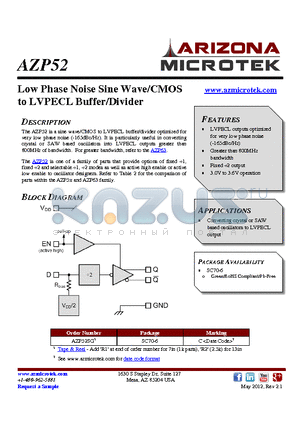 AZP52 datasheet - Low Phase Noise Sine Wave/CMOS to LVPECL Buffer/Divider