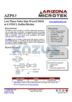 AZP63 datasheet - Low Phase Noise Sine Wave/CMOS to LVPECL Buffer/Divider