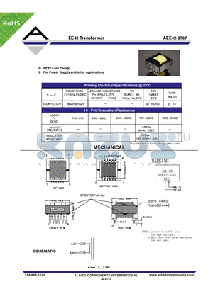 AEE42-3767 datasheet - EE42 Transformer