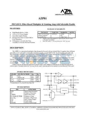 AZP81LG datasheet - PECL/ECL Filter-Based Multiplier & Limiting Amp with Selectable Enable