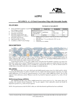 AZP92 datasheet - ECL/PECL 1, 2 Clock Generation Chip with Selectable Enable