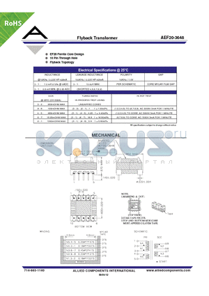 AEF20-3648 datasheet - Flyback Transformer