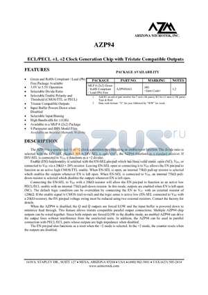 AZP94XP datasheet - ECL/PECL 1, 2 Clock Generation Chip with Tristate Compatible Outputs