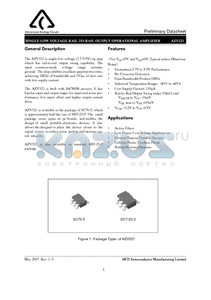 AZV321KSTR-E1 datasheet - SINGLE LOW VOLTAGE RAIL-TO-RAIL OUTPUT OPERATIONAL AMPLIFIER