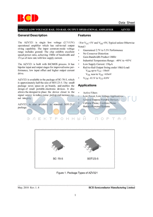 AZV321KSTR-G1 datasheet - SINGLE LOW VOLTAGE RAIL-TO-RAIL OUTPUT OPERATIONAL AMPLIFIER