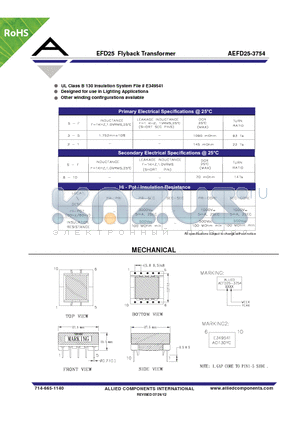 AEFD25-3754 datasheet - EFD25 Flyback Transformer