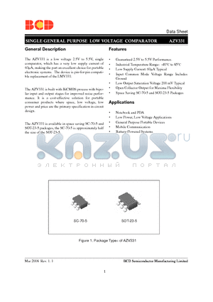 AZV331KSTR-E1 datasheet - SINGLE GENERAL PURPOSE LOW VOLTAGE COMPARATOR