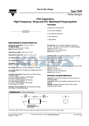 730P184X9250 datasheet - Film Capacitors High Frequency, Wrap-and-Fill, Metallized Polypropylene