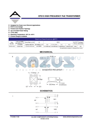 AEFD013SI datasheet - EFD15 HIGH FREQUENCY PoE TRANSFORMER