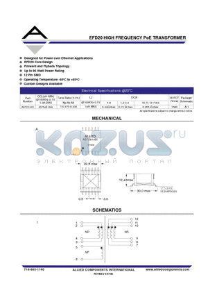 AEFD014SI datasheet - EFD20 HIGH FREQUENCY PoE TRANSFORMER