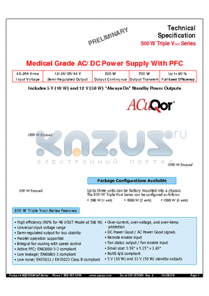 AQ1500MU1TEACF datasheet - Medical Grade AC/DC Power Supply With PFC