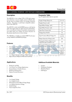 AZV393GTR-E1 datasheet - DUAL GENERAL PURPOSE LOW VOLTAGE COMPARATOR