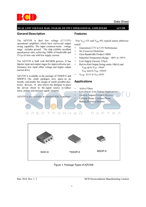 AZV358MMTR-G1 datasheet - DUAL LOW VOLTAGE RAIL-TO-RAIL OUTPUT OPERATIONAL AMPLIFIERS