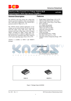 AZV832M-G1 datasheet - Dual Low Bias Current, Low Voltage, Rail-to-Rail Input/Output CMOS Operational Amplifiers