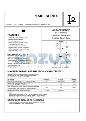 1.5KE8.2A datasheet - 1500 WATT PEAK POWER TRANSIENT VOLTAGE SUPPRESSORS